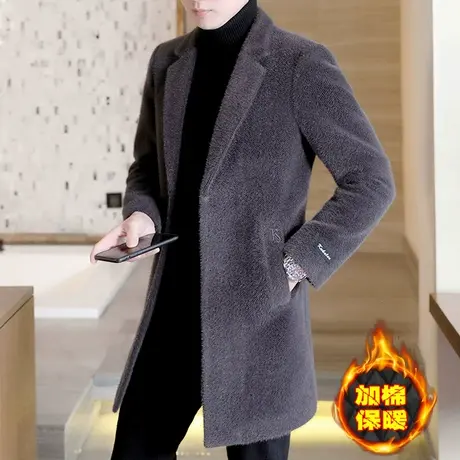 冬季休闲男装外套男士加棉加厚呢子风衣中长款高端金貂绒毛呢大衣图片