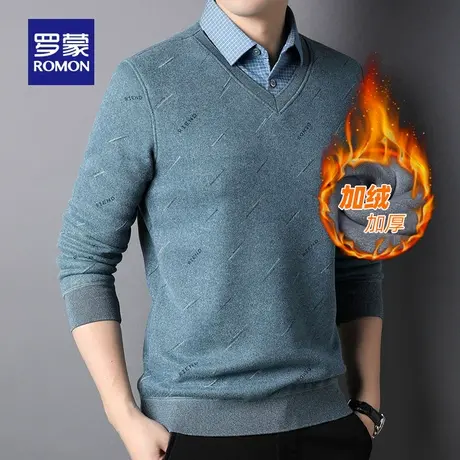 【官方正品】罗蒙男士假两件毛衣秋冬新款加绒加厚翻领印花针织衫图片