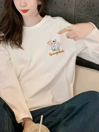 白色仿棉长袖t恤女装2023新款秋冬季加绒内搭打底衫洋气减龄上衣商品大图