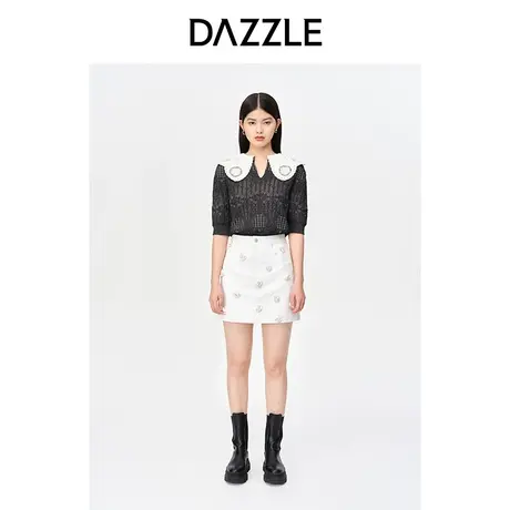 【七七酱专享】DAZZLE地素 奥莱法式复古撞色花边领短款提花针织图片
