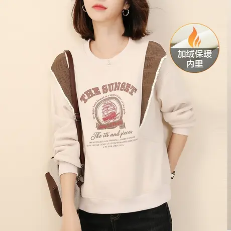 新品8.5折】复古圆领印花加绒卫衣女宽松休闲拼接上衣商品大图