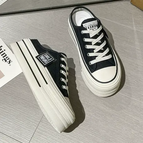 帆布包头半拖鞋女夏外穿2023年新款厚底无后跟懒人小白鞋凉拖增高图片