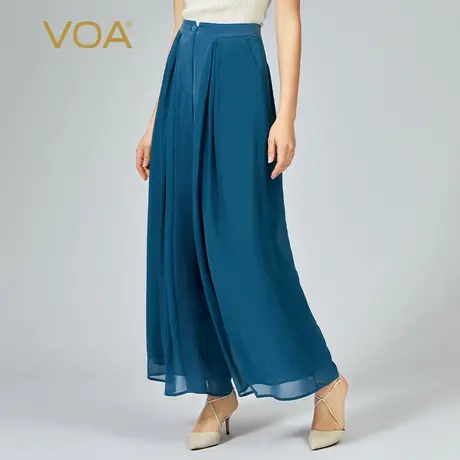 VOA乔其纱桑蚕丝深蓝斜插袋松紧腰育克褶垂顺百搭长款真丝阔腿裤图片