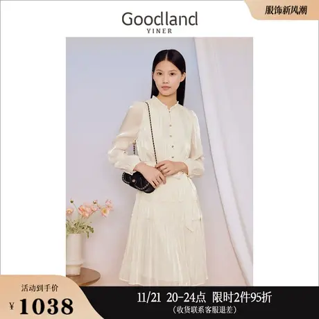 Goodland美地女装2023秋季法式复古木耳花边系带收腰连衣裙图片