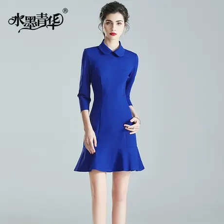 【1件7.9折】冬装新品克莱因蓝翻领鱼尾摆优雅修身七分袖连衣裙图片