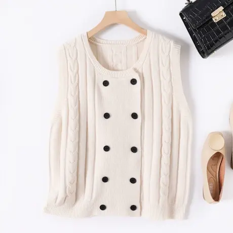 23013新品圆领纯色针织衫双排扣马甲韩版宽松无袖背心女士毛衣商品大图