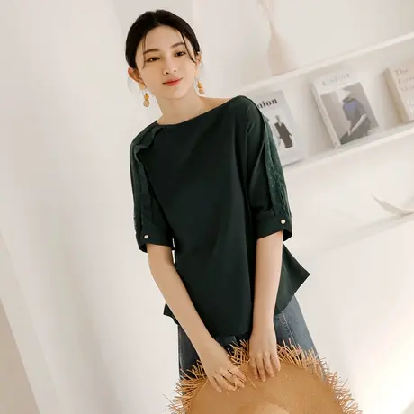 桔熊夏季通勤ol雪纺衫飘逸圆点拼接五分袖上衣女胖mm大码AB15782图片