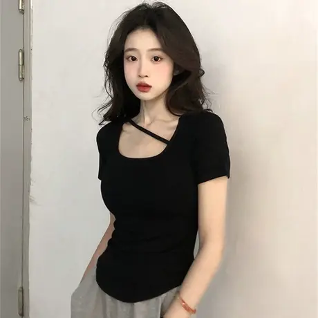 短袖T恤女2023夏季性感辣妹U领修身短款漏锁骨纯欲风百搭显瘦上衣商品大图