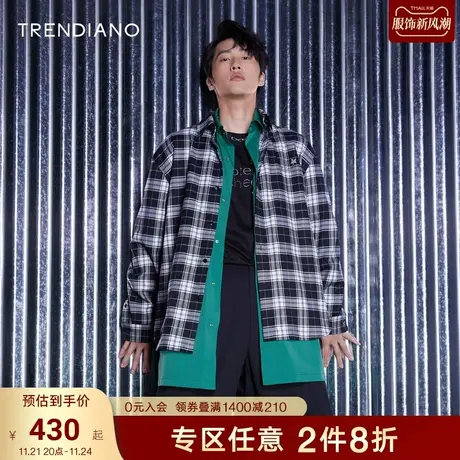 TRENDIANO官方潮牌秋季新款黑白格子刺绣长袖衬衫外套男士商品大图