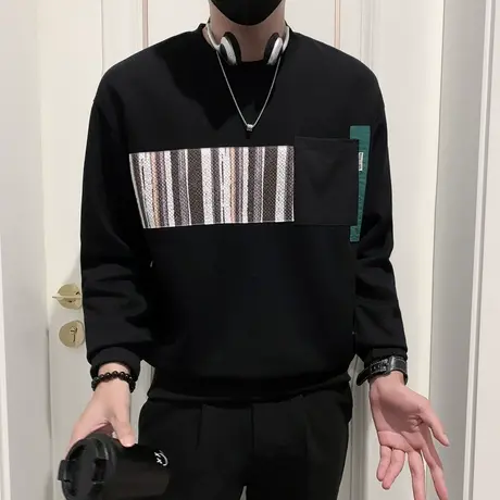 2023秋季套头卫衣男条纹拼接设计宽松休闲小众潮牌长袖上衣t恤衫商品大图