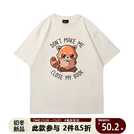 100%纯棉卡通印花短袖t恤宽松chic美式可爱小熊猫潮百搭体恤衣服商品大图