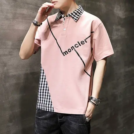 夏季新款翻领T恤短袖男士韩版修身纯棉青年拼接撞色半袖打底衫潮商品大图