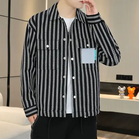 外套男士条纹2022春秋季新款潮牌衬衫男装夹克秋季厚款翻领上衣服商品大图