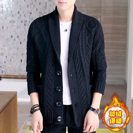 冬季加绒加厚针织外套潮流时尚青果领夹克春秋季复古宽松开衫毛衣商品大图