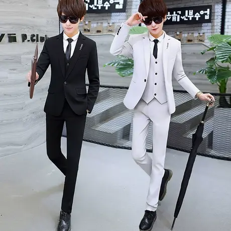 秋季男士韩版单西学生演出正装西服三件套装青年修身时尚小西装潮商品大图