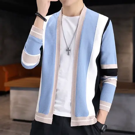 秋季开衫男装新款针织开衫韩版宽松上衣线衣外套男士撞色毛衣潮流商品大图