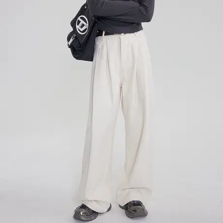 卡其色美式裤子百搭宽松直筒休闲百搭小个子高腰阔腿裤女配腰带图片