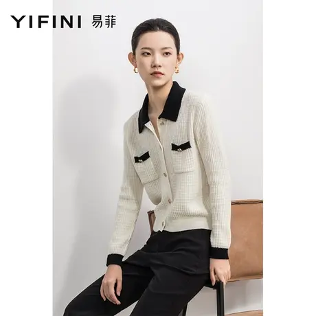Yifini/易菲宽松毛织外套女秋新款100%羊毛翻领短款针织开衫商品大图