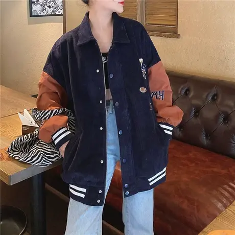 怕麻烦灯芯绒夹克女2021春秋新款宽松bf日系小熊棒球服百搭外套潮图片