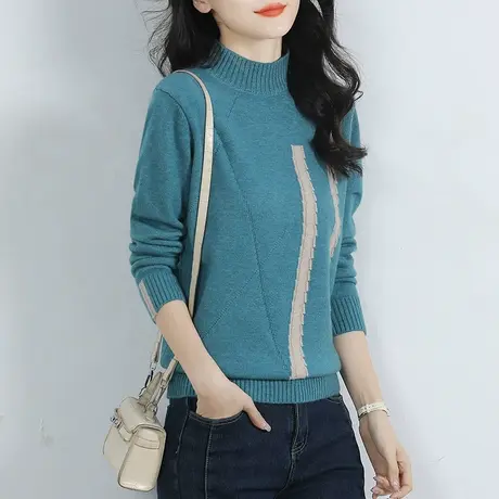 韩潮袭人半高领拼接长袖内搭毛衣女士冬季新款百搭显瘦打底针织衫商品大图