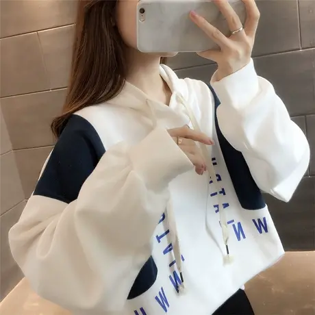 字母连帽套头卫衣女拼色2023年秋冬新款韩版刺绣上衣百搭外穿潮商品大图