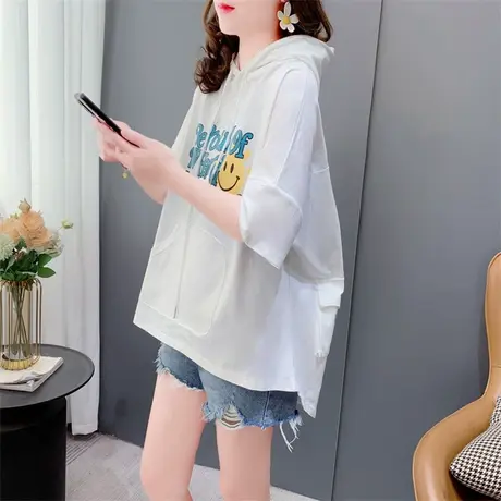 慵懒风连帽短袖T恤女2023年新款春夏洋气减龄宽松设计感小众上衣图片
