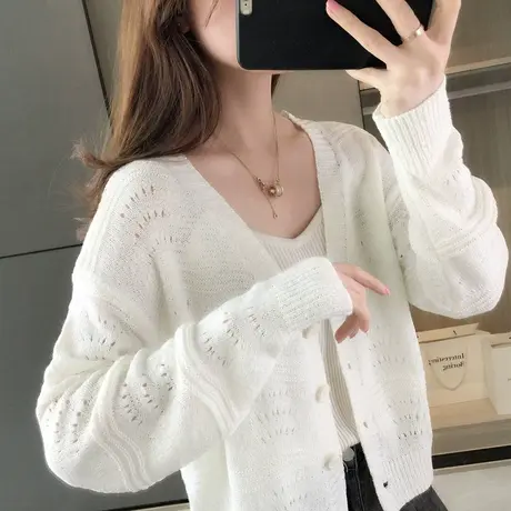 秋装新款韩版宽松针织开衫初秋镂空女士小外套洋气外搭日系商品大图