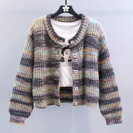 复古慵懒风彩虹条纹毛衣外套女秋冬2023新款日系宽松短款针织开衫图片