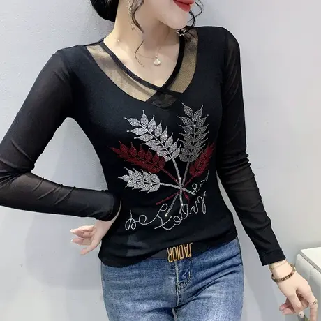 重工烫钻打底衫女春秋欧货2024新款性感V领网纱T恤长袖洋气上衣潮图片