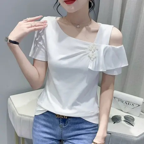 欧货网红T恤女短袖2024夏新款性感露肩修身小衫设计感荷叶边上衣商品大图