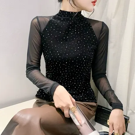 气质立领网纱丝绒拼接T恤女长袖欧货烫钻减龄上衣洋气修身打底衫商品大图