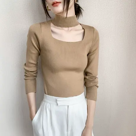 镂空挂脖设计感上衣女2023早春款纯色不规则拼接半高领修身针织衫图片