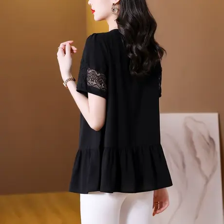 宽松遮肚子雪纺衫女大码短袖2024今年新款胖mm减龄好看的妈妈上衣商品大图