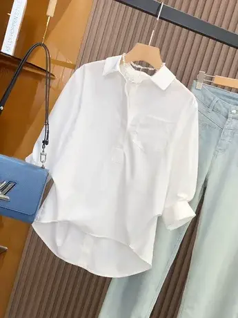 2023夏新款时尚百搭通勤上衣法式小众设计感高级感Polo领白衬衫女商品大图