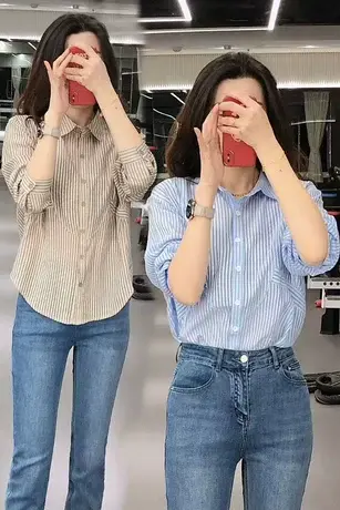 爆款衬衣女时尚遮肚子条纹上衣2023春夏装衬衫设计感洋气质打底衫商品大图