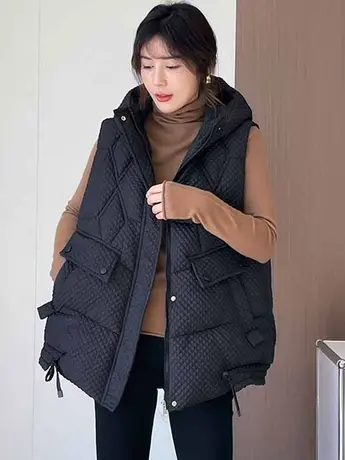 欧版宽松大码连帽羽绒棉马甲女2023秋冬新款加厚百搭马夹外套背心图片