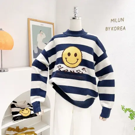 ins笑脸半高领条纹毛衣2022秋冬款韩国东大门慵懒风长袖针织衫图片
