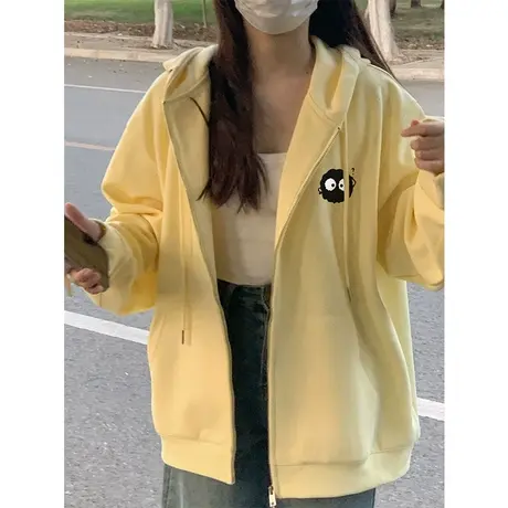 oversize黄色开衫卫衣女春秋薄款宽松慵懒风拉链连帽上衣外套潮牌商品大图