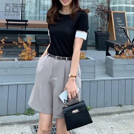 百洛安天丝圆领t恤上衣女夏装新款时尚撞色短袖针织衫薄款套头衫图片