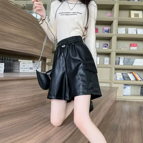 黑色阔腿PU皮短裤女秋冬季2024新款高腰休闲显瘦辣妹热裤直筒裤潮商品大图