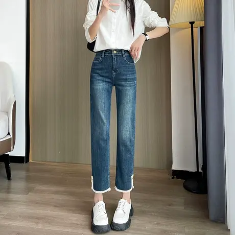 蓝色直筒牛仔裤女2024春秋季新款高腰显瘦设计感宽松九分烟管裤子商品大图