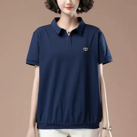 翻领上衣女夏季新款加肥加大码女装宽松中年妈妈休闲有领t恤短袖商品大图