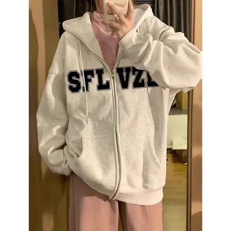 美式复古oversize卫衣女2023春秋薄款宽松慵懒风连帽上衣开衫外套商品大图