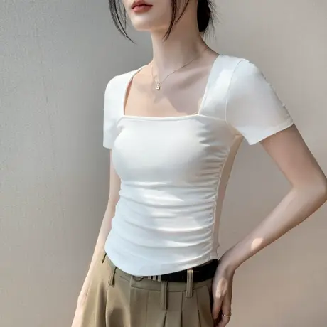 大方领T恤女短袖春夏季性感修身显瘦纯色低领褶皱漏锁骨紧身上衣商品大图