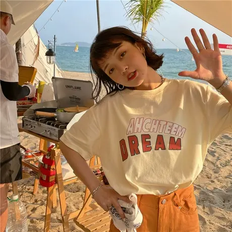 港风ins潮2023新款韩版夏装字母盐系少女温柔风宽松纯棉短袖T恤商品大图