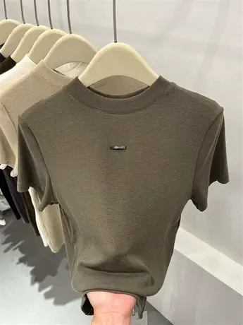 半高领修身短袖针织衫羊绒纯色上衣女2023早秋新款贴布拼接打底衫图片