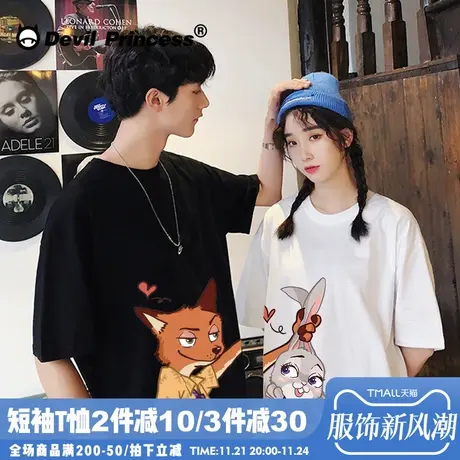 小众情侣装夏装2024新款ins超火港风宽松大码bf学生情侣款短袖t恤图片