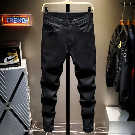 秋季黑色高端牛仔裤男士修身小脚潮牌春夏款韩版潮流休闲长裤子男商品大图