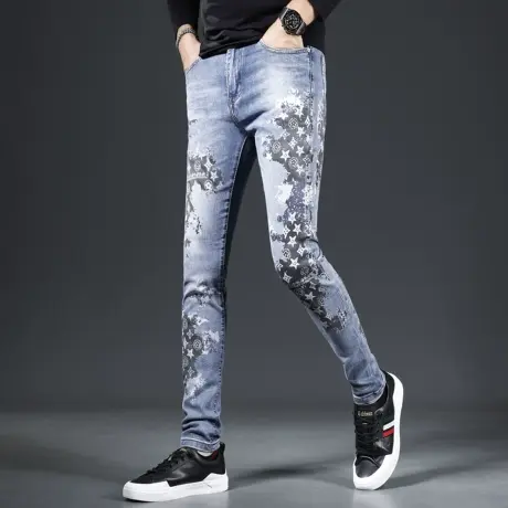高端印花牛仔裤男款2023新款潮牌潮流弹力修身小脚男士牛仔裤长裤图片