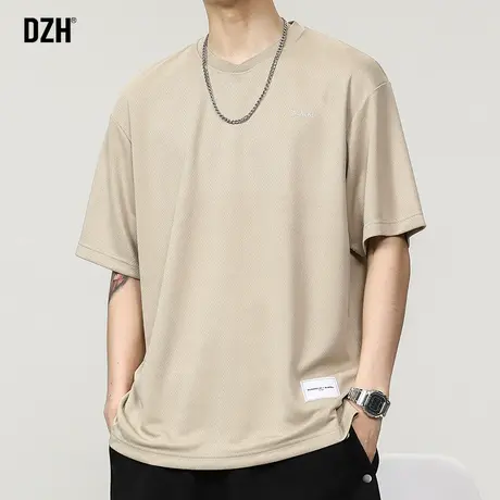 男士杏色镂空t恤男夏季潮牌透气网眼上衣半袖圆领短袖宽松体恤衫商品大图